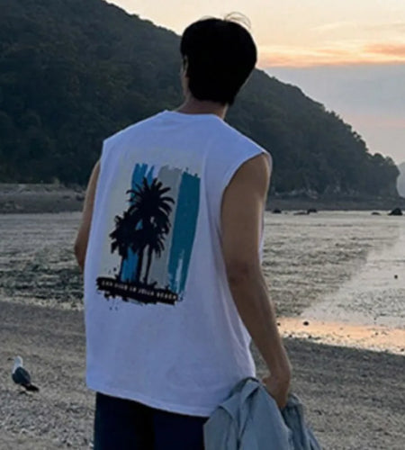 Men's Sleeveless Tank Top Summer New Korean Sports Round Collar Trend Fashion Loose Casual Male Vest Print 9C5650