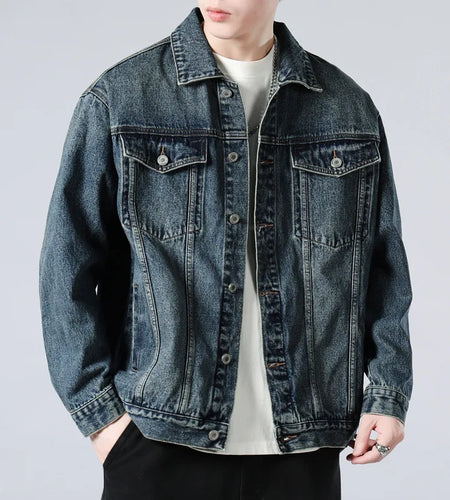 Men's Cargo Denim Jacket Solid Color Turn-down Collar New Korean Loose Fashion Casual Trendy Jackets 2025 Spring 9W1321