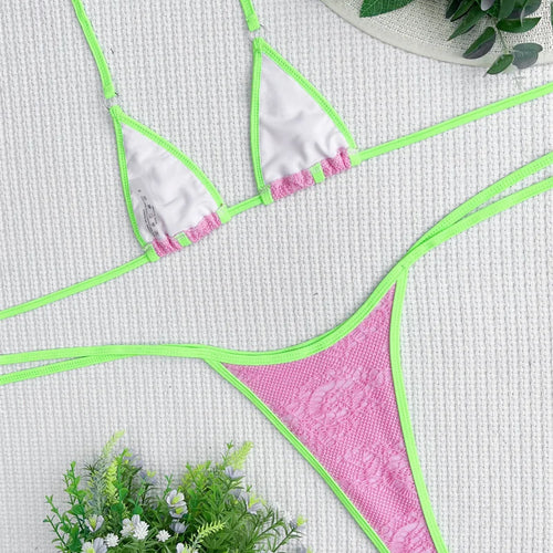 Load image into Gallery viewer, Halter Bikini Pink Patchwork Female Thong Swimsuit 2024 Bandage Women Swimwear Sexy Bikini Set Bathing Suit
