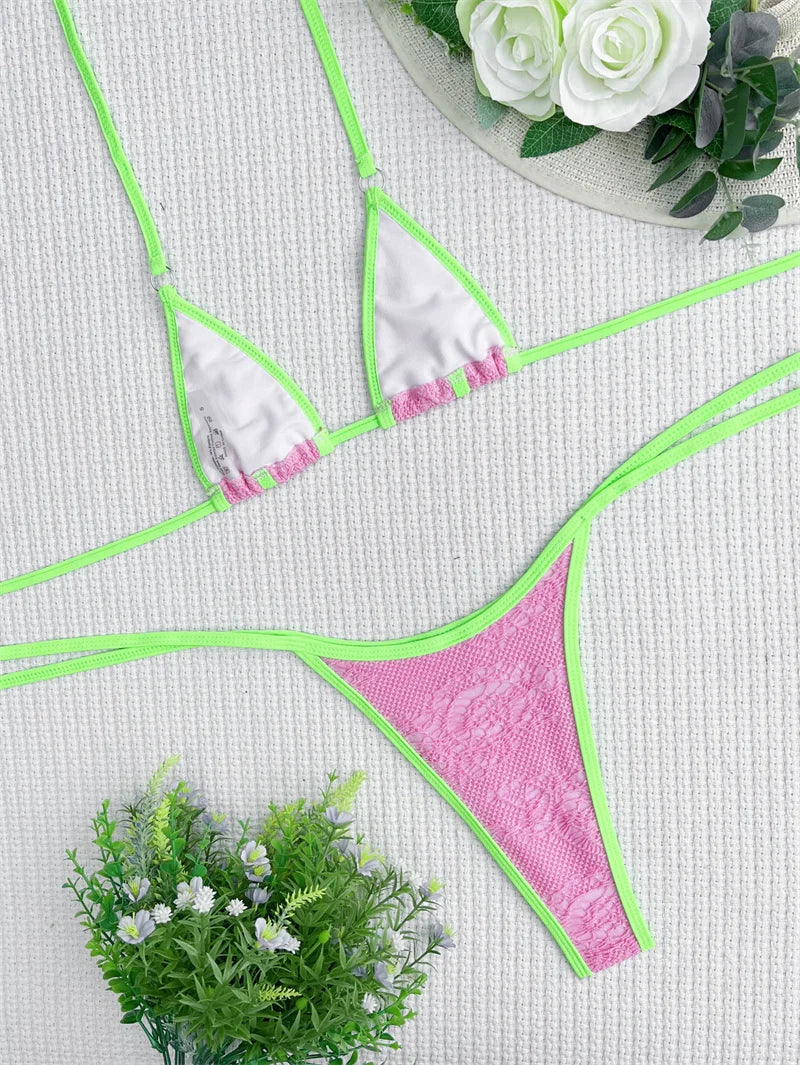 Halter Bikini Pink Patchwork Female Thong Swimsuit 2024 Bandage Women Swimwear Sexy Bikini Set Bathing Suit