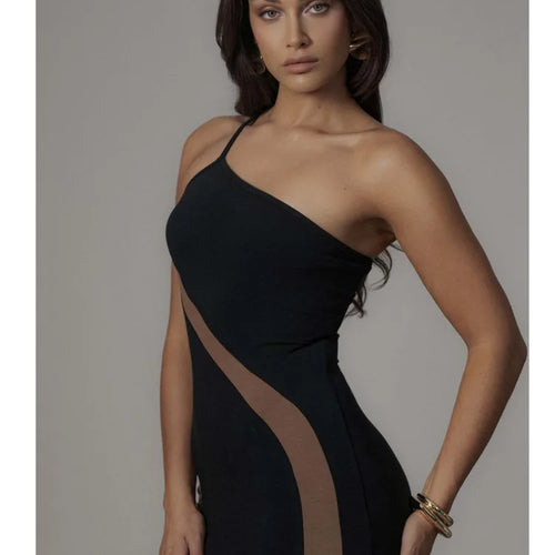 Load image into Gallery viewer, Elegant One Shoulder Mesh Patchwork Long Dress Women Bodycon Sexy Backless Evening Dress Tight Party Club Vestidos 2024
