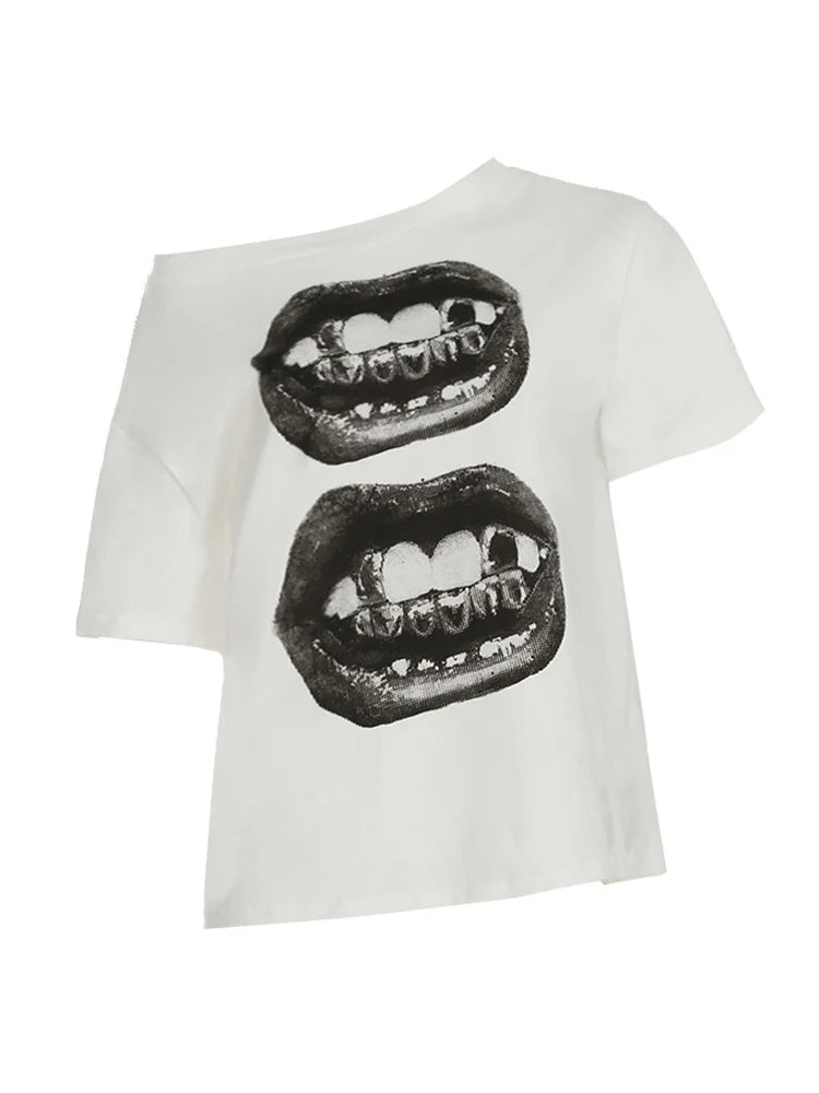 American Street Hip Hop Mouth Print Loose T-shirt Women Personalized Casual Top
