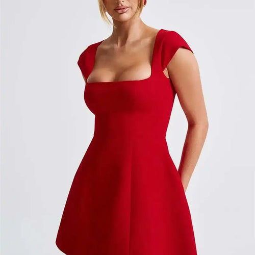 Load image into Gallery viewer, Square Collar Short Sleeve Mini Dress For Women Robe New Fashion Solid A-line Loose High Waist Short Dress Elegant
