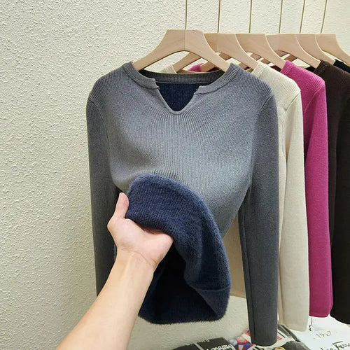Load image into Gallery viewer, Autumn Winter Korean Fashion Solid V Neck Velvet Knit Crochet Sweater Women Warm Long Sleeve Pullovers Tops Casual Popular Trend
