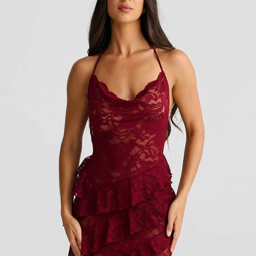 Load image into Gallery viewer, Lace Backless Sexy Maxi Dress Women Gown Halter Lace-up Sleeveless Bodycon Elegant Ruffle Beach Club Long Dress 2025
