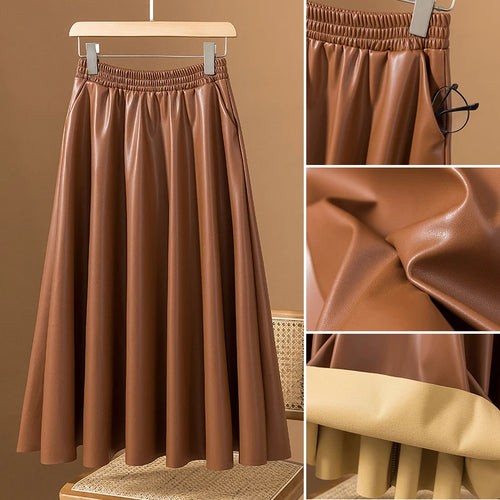 Load image into Gallery viewer, Women Brown Faux Leather Long Skirt 2023 Autumn Winter Black Vintage A Line Elastic High Waist Pu Skirts Female Oversized French
