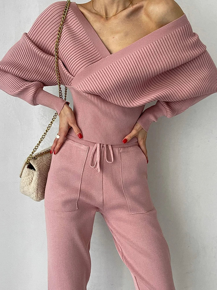 Solid Casual Two Piece Sets For Women V Neck Batwing Sleeve Tops High Waist Pants Minimalist Slimming Set Female Fashion