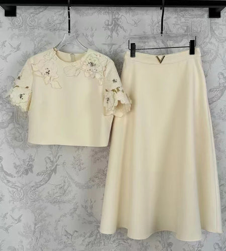 Solid Two Piece Set For Women O Neck Short Sleeve T Shirt High Waist Temperament Skirt Elegant Sets Female Style