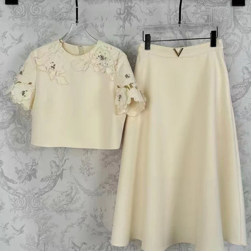 Load image into Gallery viewer, Solid Two Piece Set For Women O Neck Short Sleeve T Shirt High Waist Temperament Skirt Elegant Sets Female Style
