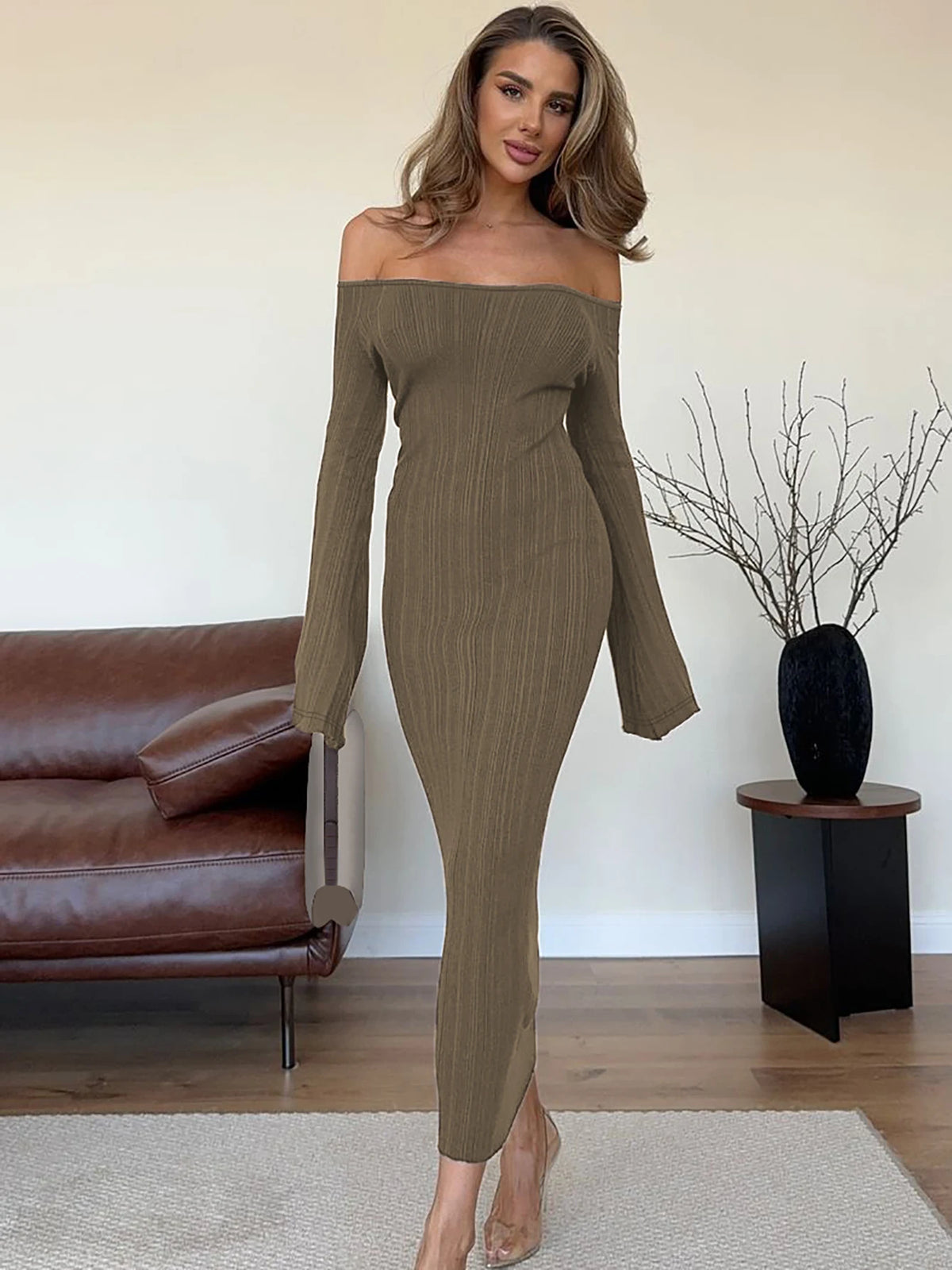 Elegant Slash Neck Long Sleeve Solid Sexy Bodycon Maxi Prom Dress Fall Women Y2K Clothes Birthday Party Festival