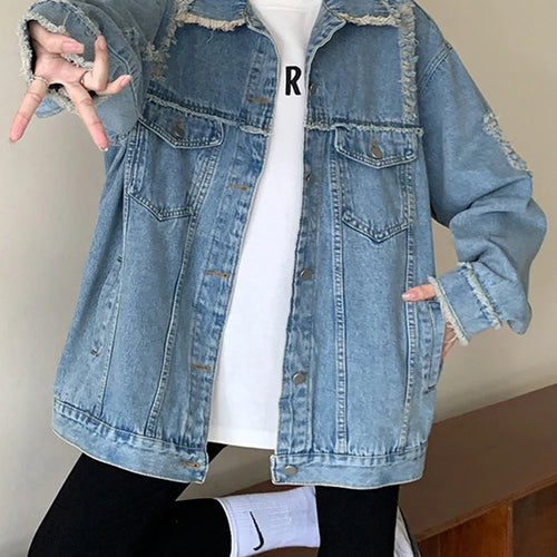 Load image into Gallery viewer, Vintage Denim Jackets Women Ripped Tassel Coat All Match Casual Loose Woman Jacket Korean Fashion Y2K Harajuku Coats S-XL
