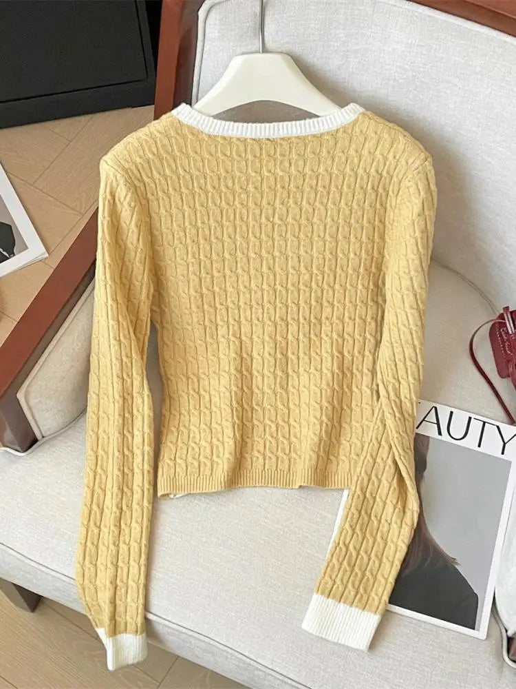 Korean Autumn Winter Patchwork Elegant Button Pullover Short Sweater Women's 2024 New Long Sleeved Knitted Tops Versatile Casual