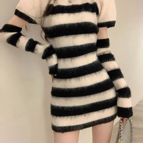 Load image into Gallery viewer, Knitted Sweater Striped Mini Bodycon Dress Women Autumn Winter Korean Style Kpop Casual Streetwear Short Dresses
