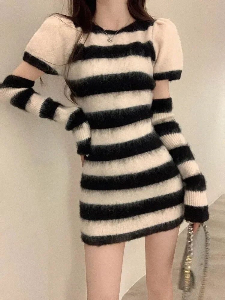 Knitted Sweater Striped Mini Bodycon Dress Women Autumn Winter Korean Style Kpop Casual Streetwear Short Dresses