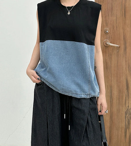 Women Black Denim Color-block Drawstring Big Size T-shirt New Round Neck Sleeveless Fashion Spring Summer 2025 1DJ1061