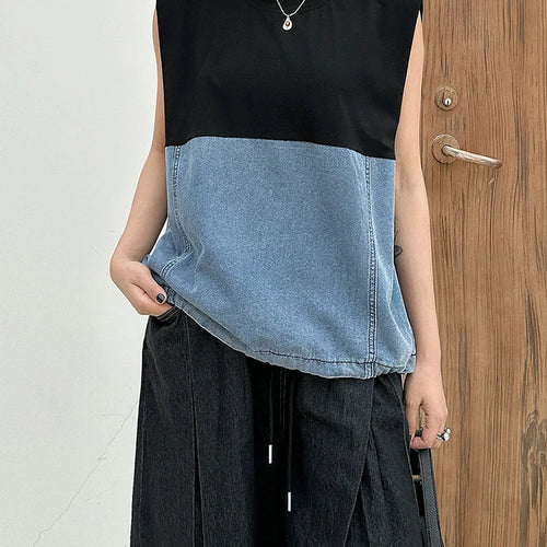 Load image into Gallery viewer, Women Black Denim Color-block Drawstring Big Size T-shirt New Round Neck Sleeveless Fashion Spring Summer 2025 1DJ1061
