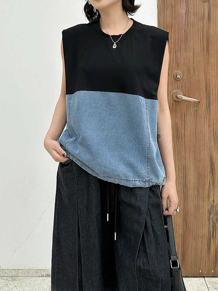 Women Black Denim Color-block Drawstring Big Size T-shirt New Round Neck Sleeveless Fashion Spring Summer 2025 1DJ1061