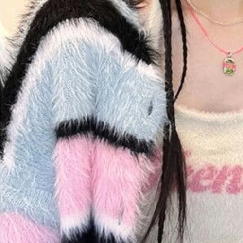 Load image into Gallery viewer, Kawaii Rainbow Striped Cardigan Women Detachable Long Sleeve Fluffy Sweater Coat Japanese Y2k All Match Kardigan Jacket

