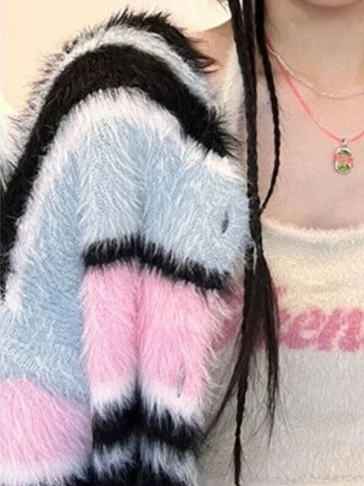 Kawaii Rainbow Striped Cardigan Women Detachable Long Sleeve Fluffy Sweater Coat Japanese Y2k All Match Kardigan Jacket