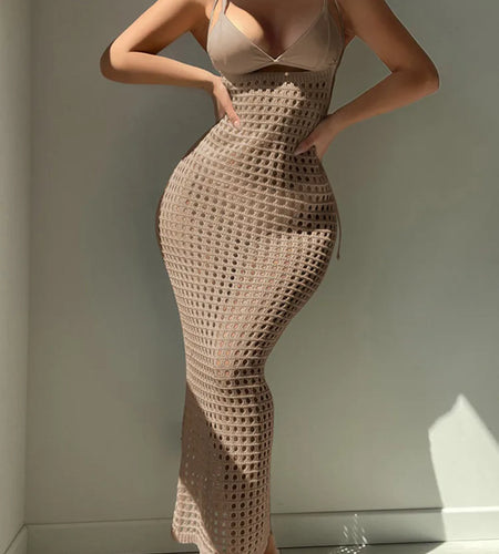 Sexy Knitted Hollow Out Sleeveless Bodycon Long Dress For Women Elegant Spaghetti Strap Slim Party Club Beach Spring2025