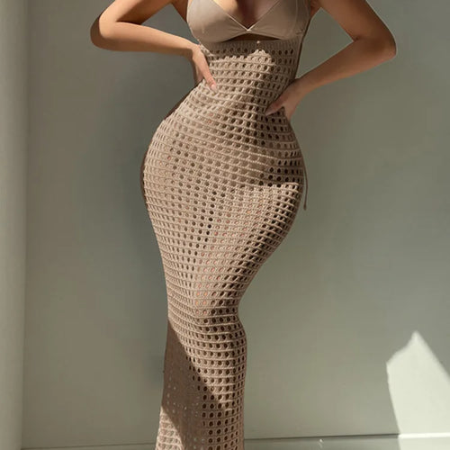 Load image into Gallery viewer, Sexy Knitted Hollow Out Sleeveless Bodycon Long Dress For Women Elegant Spaghetti Strap Slim Party Club Beach Spring2025
