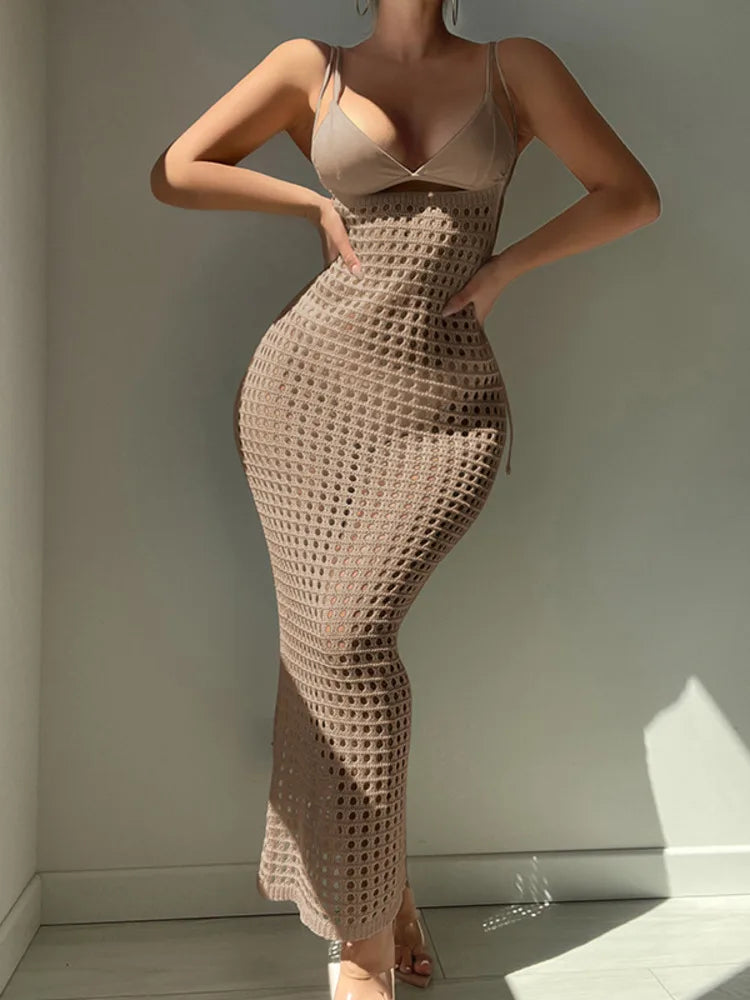 Sexy Knitted Hollow Out Sleeveless Bodycon Long Dress For Women Elegant Spaghetti Strap Slim Party Club Beach Spring2025