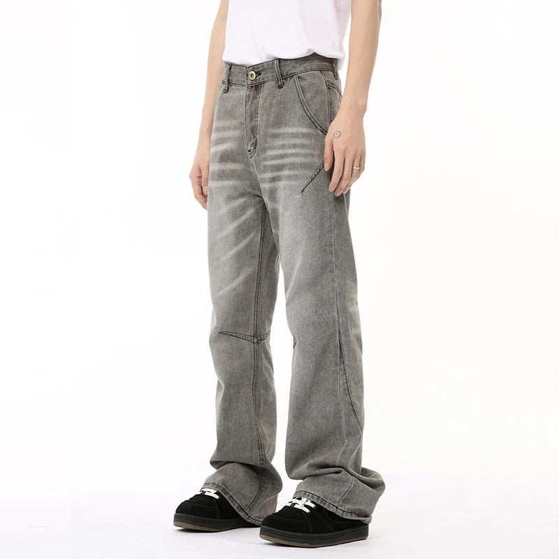 Male Gray Denim Pants New American Style Washed Texture Patchwork Straight Wide Leg Loose Jeans Summer Trendy 9C6678