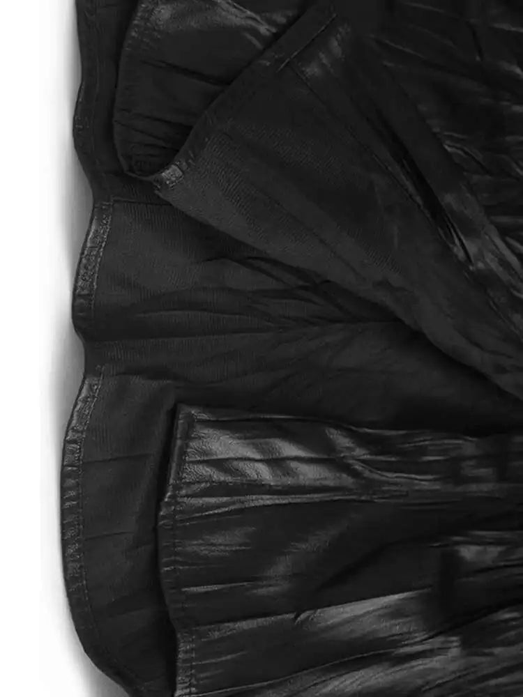 Women Black Pu Leather Pleated Big Size Mini Shirt Dress New Lapel Long Sleeve Fashion Tide Spring Autumn 2025 1DH7337