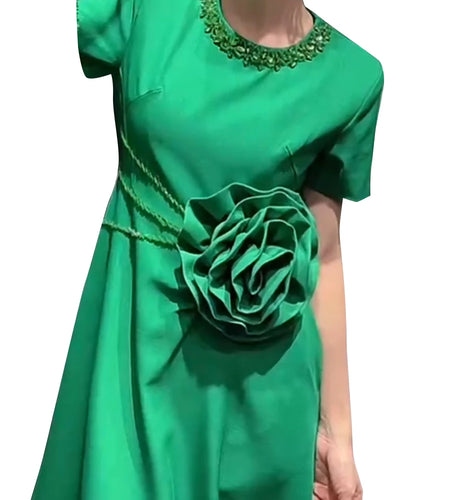 Solid Spliced Appliques Slimming Dreeses For Women O Neck Short Sleeve High Waist Temperament Dress Female Fashion