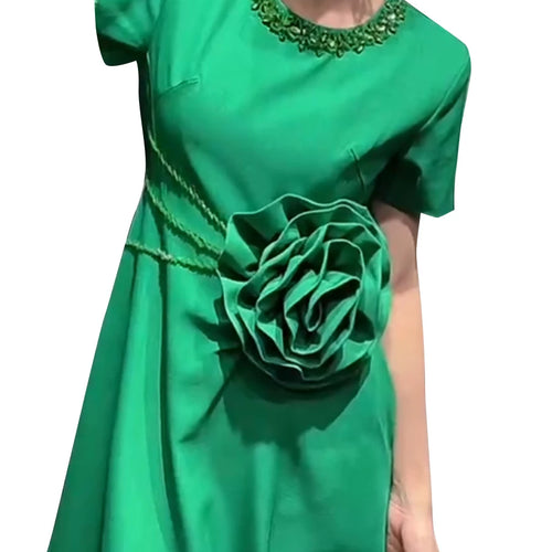 Load image into Gallery viewer, Solid Spliced Appliques Slimming Dreeses For Women O Neck Short Sleeve High Waist Temperament Dress Female Fashion
