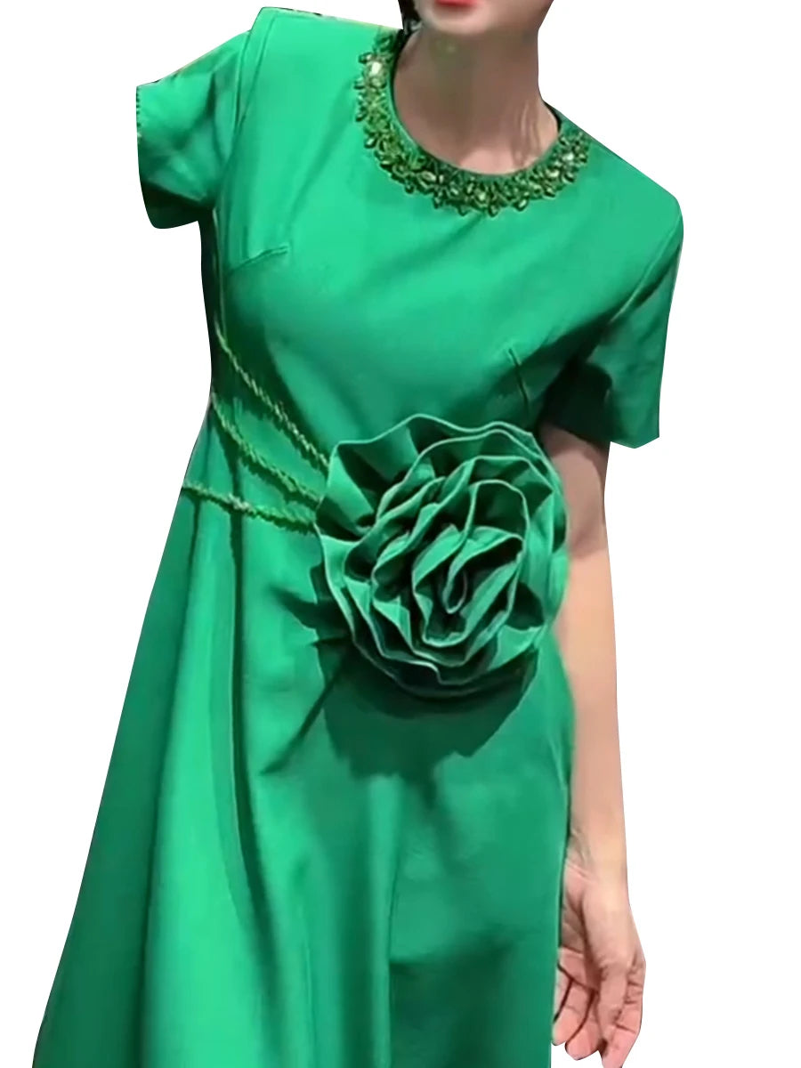 Solid Spliced Appliques Slimming Dreeses For Women O Neck Short Sleeve High Waist Temperament Dress Female Fashion