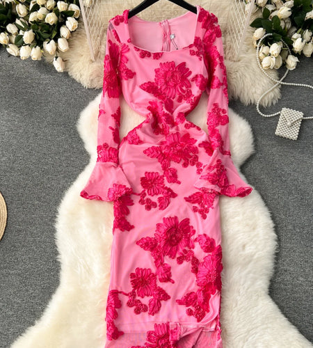 French Vintage Women Autumn Black Beige Flower Embroidery Elegant Long Sleeve Dress Ladies Square Neck Festival Party Dress Chic