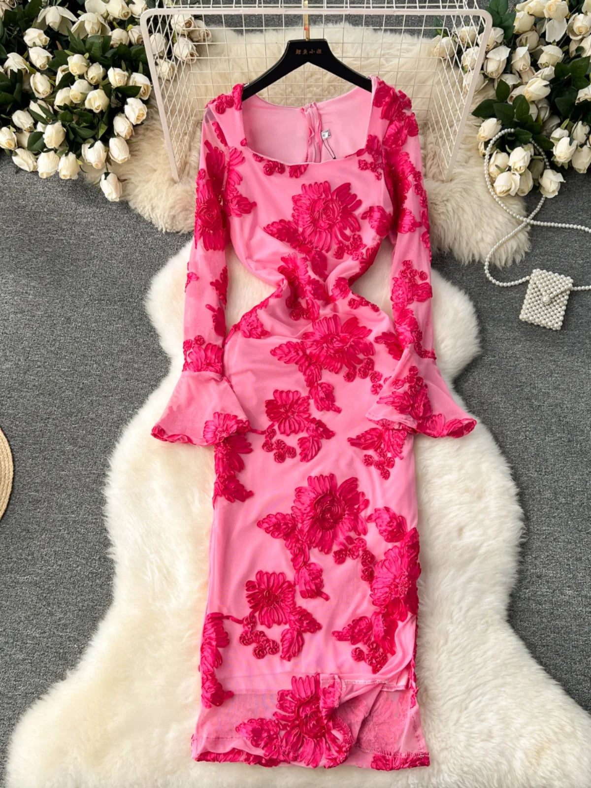 French Vintage Women Autumn Black Beige Flower Embroidery Elegant Long Sleeve Dress Ladies Square Neck Festival Party Dress Chic