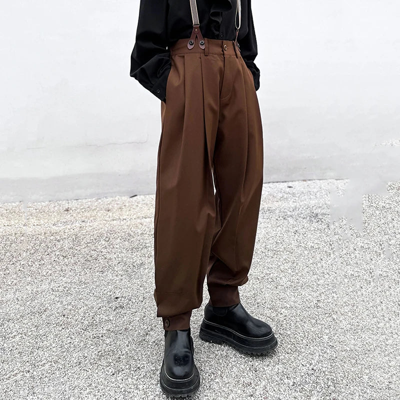 Pleated Men's Suit Pants Korean Fashion Solid Color Pockets Button Male Ankle Banded Trousers Personality Trendy 9C4560