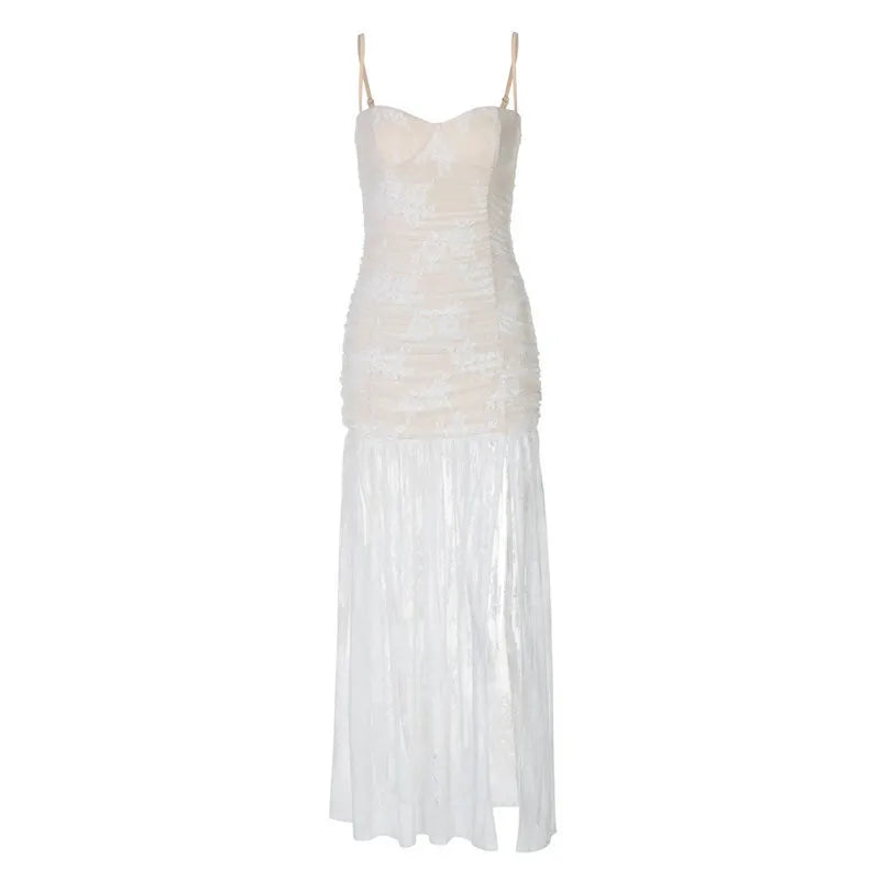 Spaghetti Strap Lace Sexy Maxi Dress For Women Gown Black Sleeveless Backless Thigh High Split Bodycon Long Dress