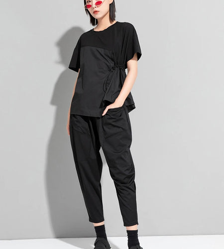 Women Black Waist Drawstring Big Size Casual T-shirt New Round Neck Short Sleeve Fashion Tide Spring Summer 2025 1DJ1833