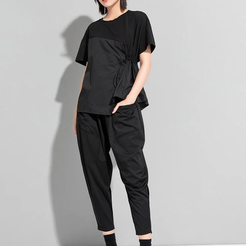 Load image into Gallery viewer, Women Black Waist Drawstring Big Size Casual T-shirt New Round Neck Short Sleeve Fashion Tide Spring Summer 2025 1DJ1833
