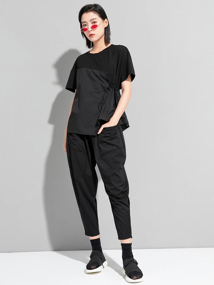 Women Black Waist Drawstring Big Size Casual T-shirt New Round Neck Short Sleeve Fashion Tide Spring Summer 2025 1DJ1833