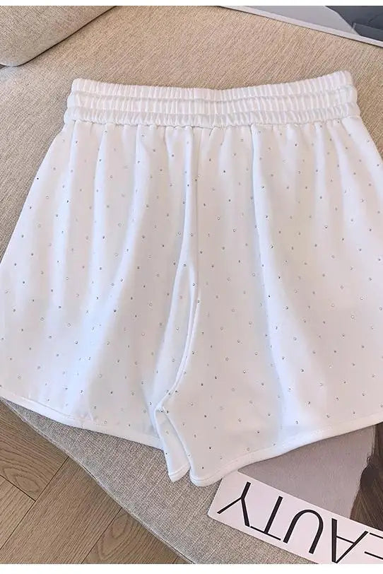 New Black White Diamond Shorts For Women Spring Summer Fashion Elastic Waist Drawstring Lace-up A-line Wide Leg Short Pant