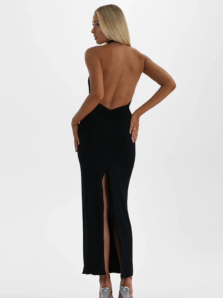 Sexy Swinging Collar High Slit Women Maxi Dress Backless Slim Fit Dress Party Dance Nightclub Female Clothing 2023 New