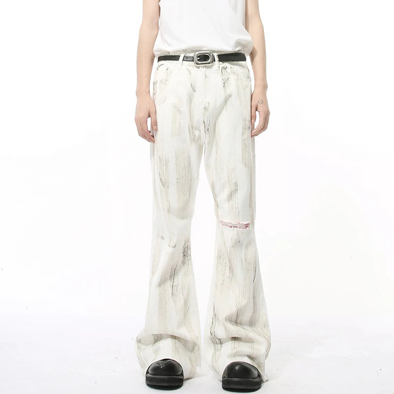 Men's Wear Flared Jeans Printing Staining Hole Worn-out Contrast Color Straight Men's Trousers Wide Leg Denim Pants 9C9305