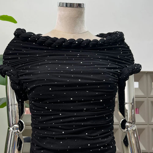 Load image into Gallery viewer, Slimming Spliced Hot Fix Elegant T Shirts for Women Slash Neck Short Sleeves Patchwork Shirring T Shirt Female New
