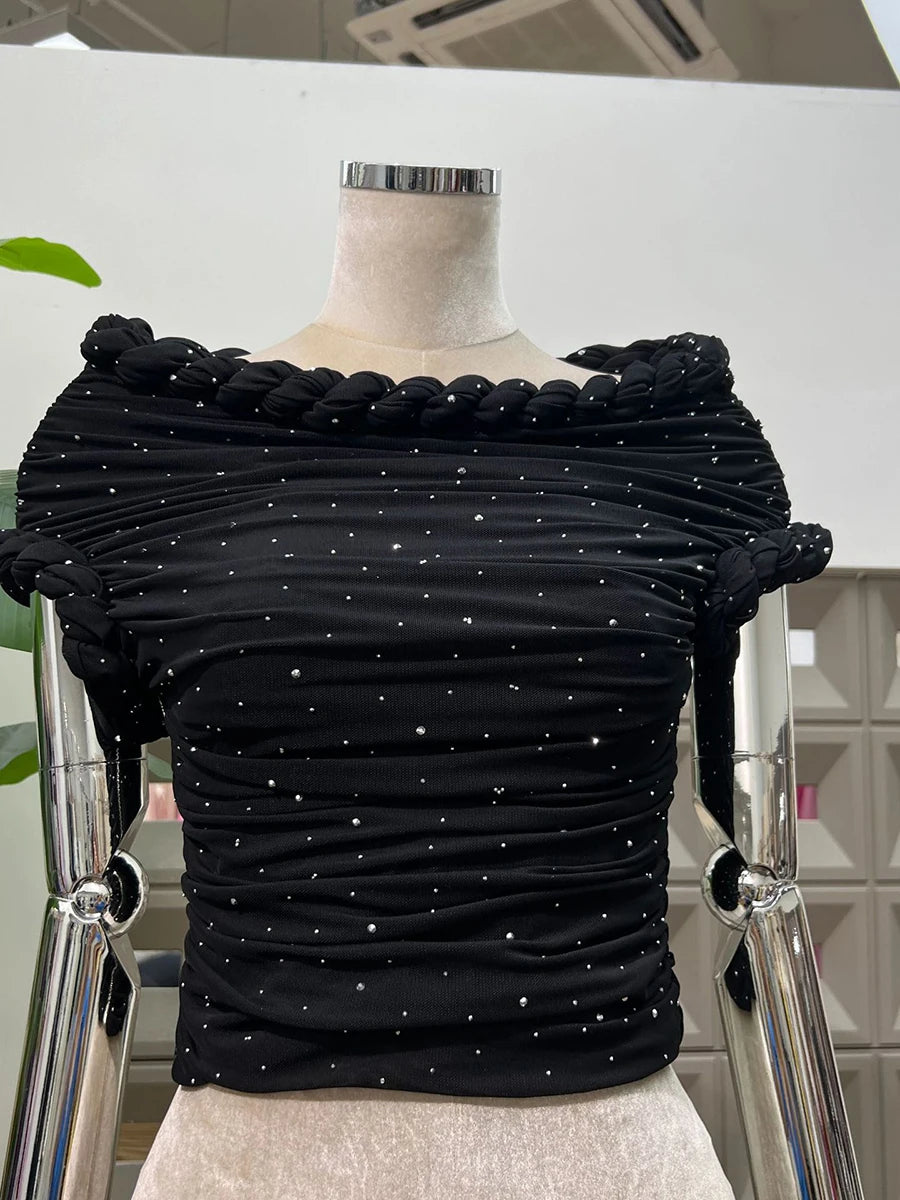 Slimming Spliced Hot Fix Elegant T Shirts for Women Slash Neck Short Sleeves Patchwork Shirring T Shirt Female New