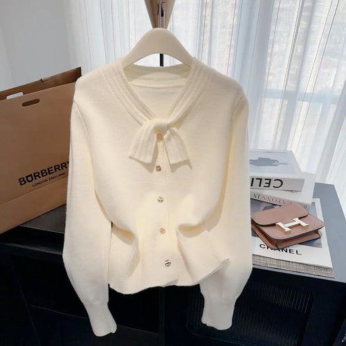 Load image into Gallery viewer, Autumn Winter Solid Elegant V Neck Bow Single Breasted Short Sweater Women's French 2024 New Long Sleeved Slim Knitted Tops Chic
