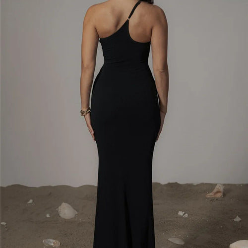 Load image into Gallery viewer, Patchwork One Shoulder Sexy Maxi Dress For Women Black Off-shoulder Backless Bodycon Club Party Evening Long Dress
