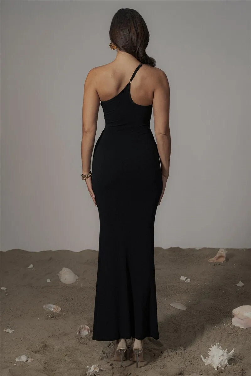 Patchwork One Shoulder Sexy Maxi Dress For Women Black Off-shoulder Backless Bodycon Club Party Evening Long Dress