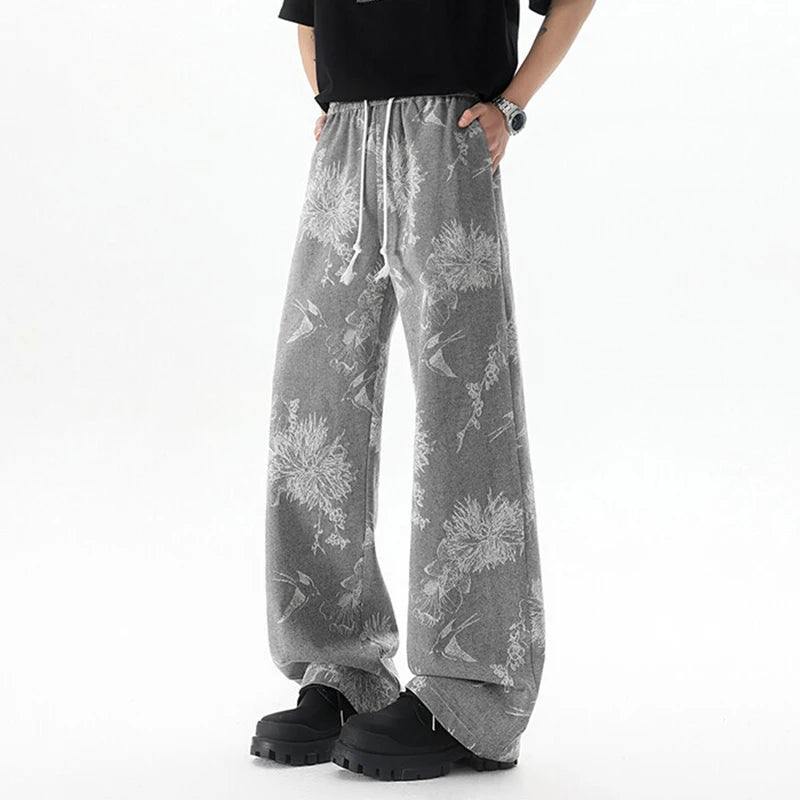 Men's Jeans New Summer New Korean Tide Flower Printed Design Loose Personalized Trendy Male Elastic Waist Trousers 9W1643