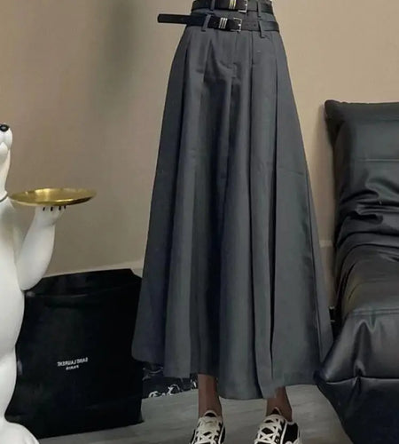 Korean Style High Waist All-match Long Skirt Women 2023 Summer Double Belt Skirts Woman Pleated Gray A Line Skirt Preppy Retro