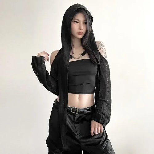 Load image into Gallery viewer, 2025 Long Sleeve Hooded T-shirts Off Shoulder Sexy Harajuku Tshirts Women Y2k Aesthetic Grunge Streetwear Crop Top Thin Cardigan
