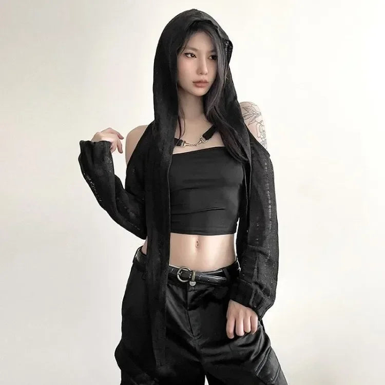 2025 Long Sleeve Hooded T-shirts Off Shoulder Sexy Harajuku Tshirts Women Y2k Aesthetic Grunge Streetwear Crop Top Thin Cardigan